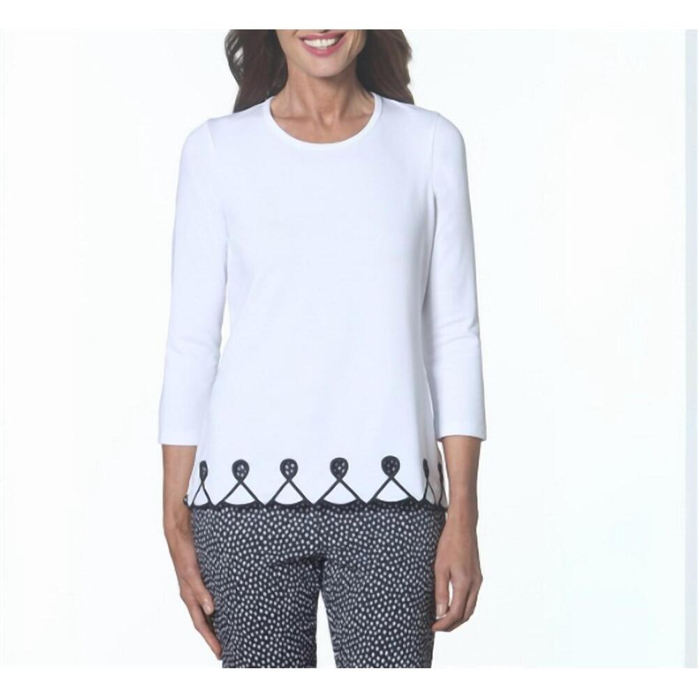 NEW E.L.I. three-quarter sleeve embroidered hem top in white/black